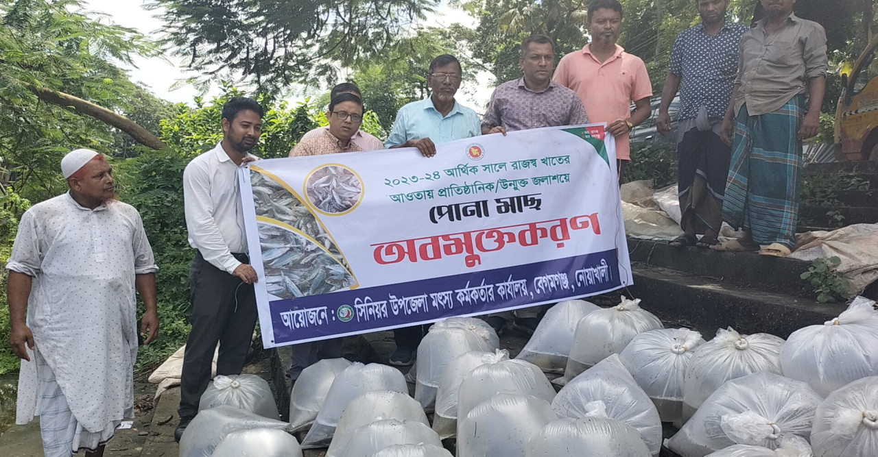 নোয়াখালীর বেগমগঞ্জে প্রাতিষ্ঠানিক, উন্মুক্ত জলাশয়ে পোনা মাছ অবমুক্তকরণ।